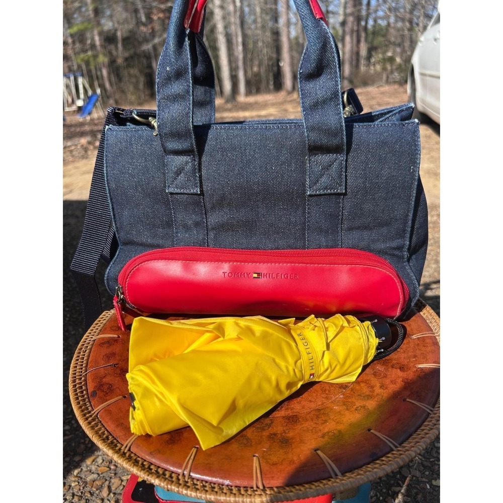 Y2K Tommy Hilfiger Denim Tote Bag with Matching Yellow Umbrella